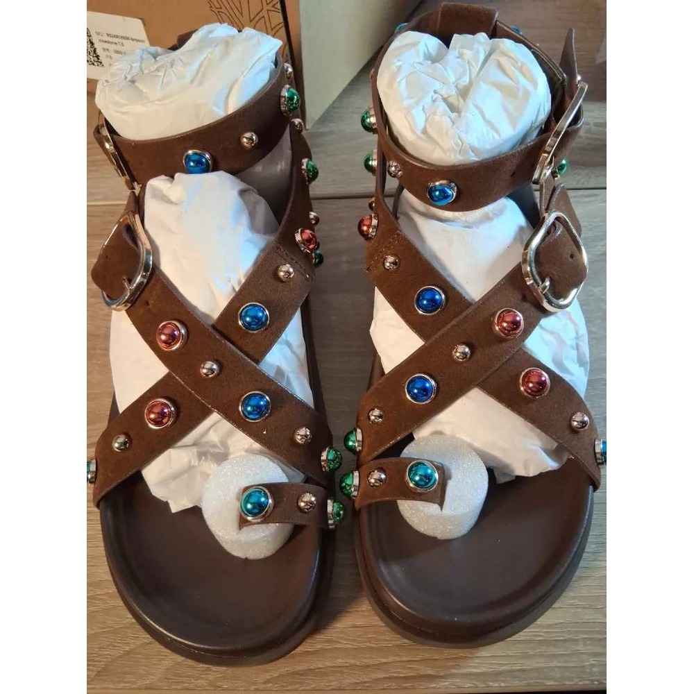Brown Faux Suede Multi Color Studded Gladiator Sandals Toe Loop Size 7.5
